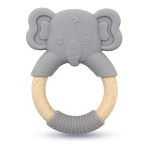 Animal Shape Baby Teething Toys, Teething Toys for Babies 12+ Months, Natural Wooden Teething Ring, Food-Grade Silicone, for Baby Teething Relief & Sensory Exploration, Easy to Grip (Elephant)