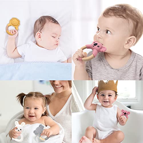 Animal Shape Baby Teething Toys, Teething Toys for Babies 12+ Months, Natural Wooden Teething Ring, Food-Grade Silicone, for Baby Teething Relief & Sensory Exploration, Easy to Grip (Elephant)