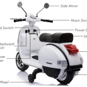 Best Ride On Cars Vespa Scooter, 12V Battery Powered Ride On Car - Electric Scooter for Kids with Leather Seat, Real Lights & Sounds, USB/AUX/SD Slot, Ages 2-5 Years Old, White, Large