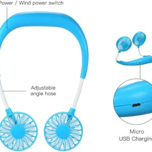 Hands Free Portable Neck Fan - Portable USB Battery Rechargeable Mini Fan with 3 Speeds Modes- Cooler Fan with Dual Wind Head for Home Office Travel Indoor Outdoor (Blue)