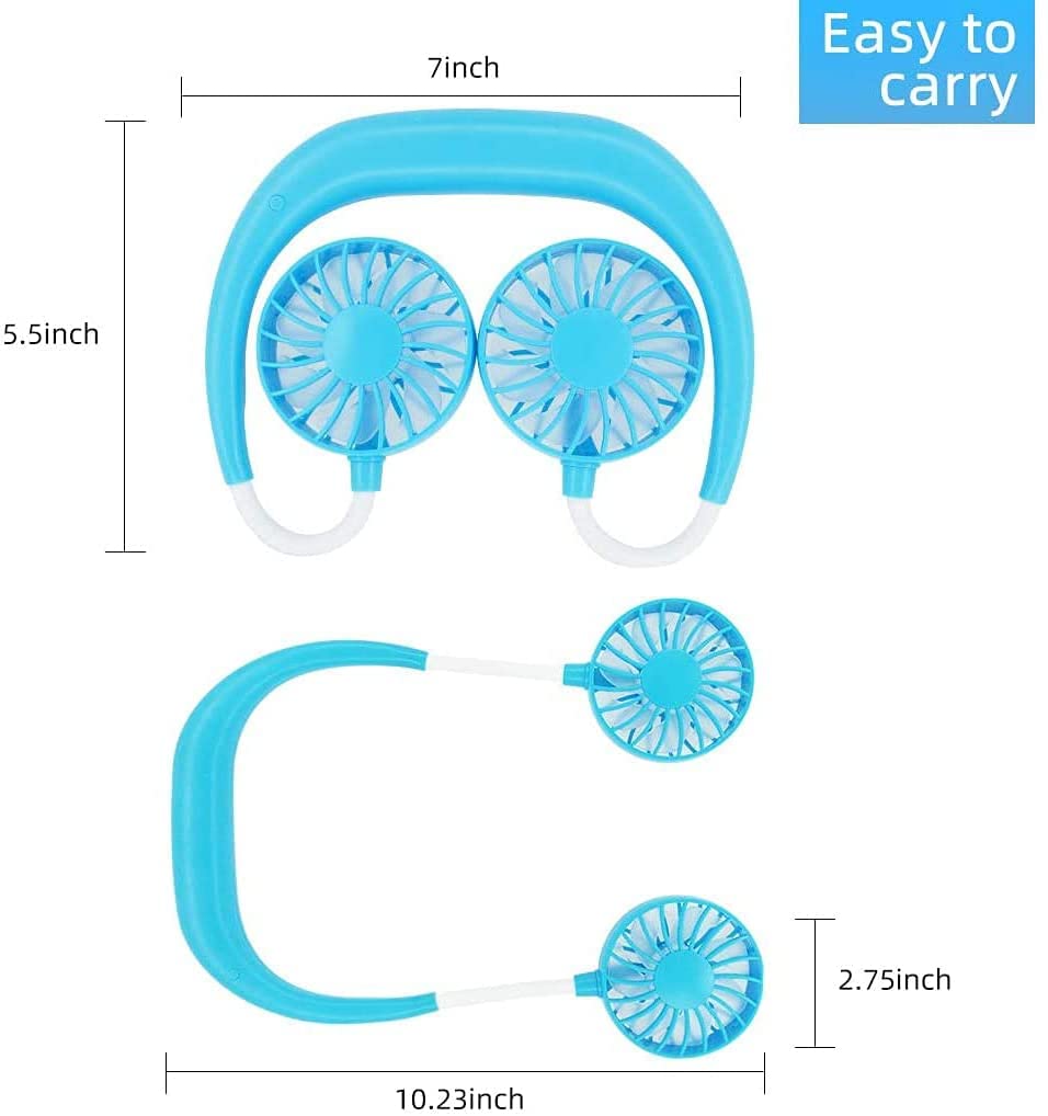 Hands Free Portable Neck Fan - Portable USB Battery Rechargeable Mini Fan with 3 Speeds Modes- Cooler Fan with Dual Wind Head for Home Office Travel Indoor Outdoor (Blue)