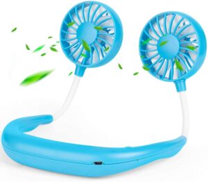 hands free portable neck fan - portable usb battery rechargeable mini fan with 3 speeds modes- cooler fan with dual wind head for home office travel indoor outdoor (blue)