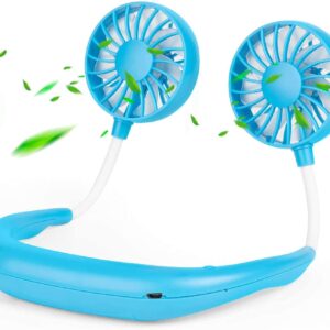 Hands Free Portable Neck Fan - Portable USB Battery Rechargeable Mini Fan with 3 Speeds Modes- Cooler Fan with Dual Wind Head for Home Office Travel Indoor Outdoor (Blue)