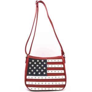 WESTERN ORIGIN American Flag Stars and Stripes Rhinestone Studs Crossbody Handbag USA Patriotic Women Purse Leather Single Shoulder Bag (#1 Red)