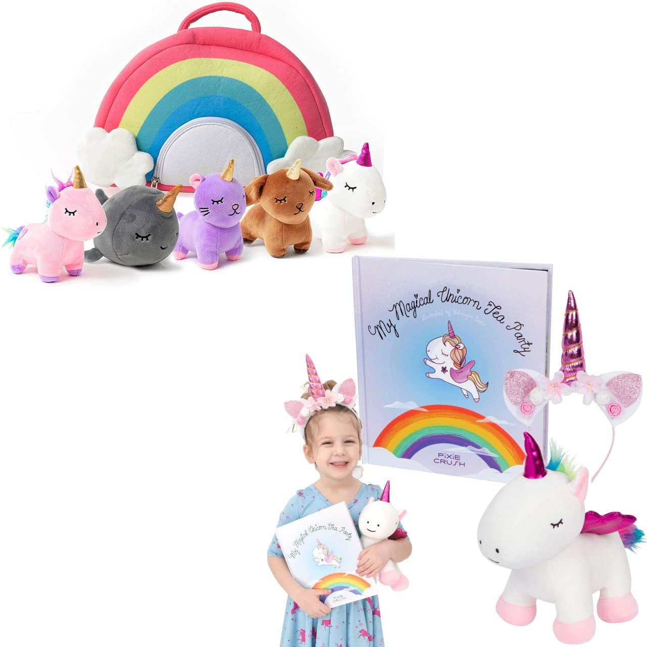 PixieCrush Unicorn Toys Stuffed Animal Gift Plush Set with Rainbow Case – 5 Piece Stuffed Animals with 2 Unicorns, Kitty, Puppy, and Narwhal – Toddler Gifts for Girls Aged 3, 4, 5,6,7, 8 yr olds