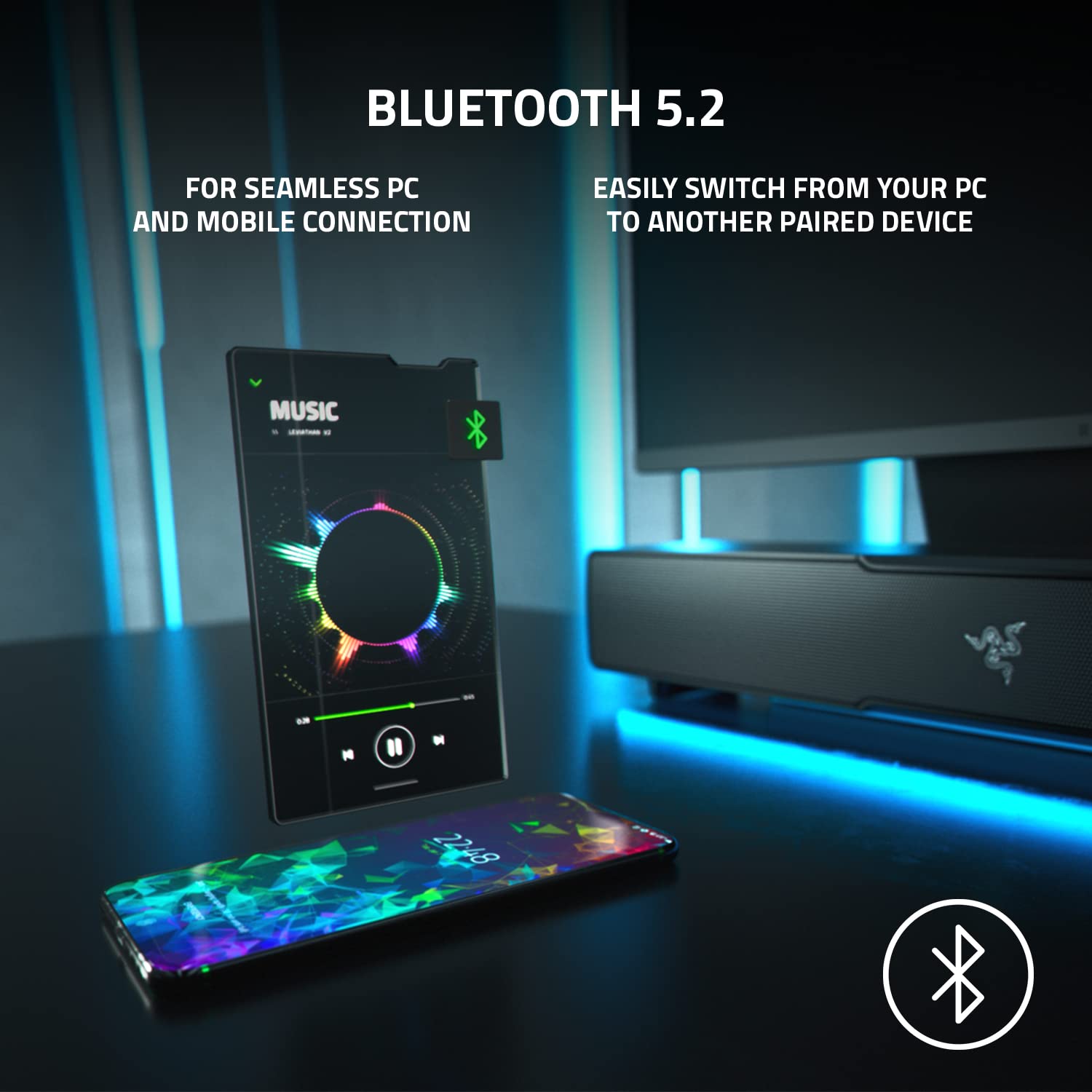 Razer Leviathan V2: Multi-Driver PC Gaming Soundbar with Subwoofer - THX Spatial Audio - Compact Design - Chroma RGB - Bluetooth 5.2 - for Desktop/Laptop, Smartphones, Tablets & Nintendo Switch