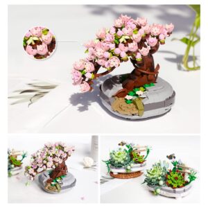 KonHaovF Cherry Bonsai Tree Set, Micro Mini Bricks Flower Model Building Block Set, 426PCS Artificial Cherry Blossom Flower Bouquet Building Kit for Kids Girls, Color Change Flower Toy Set(Pink)