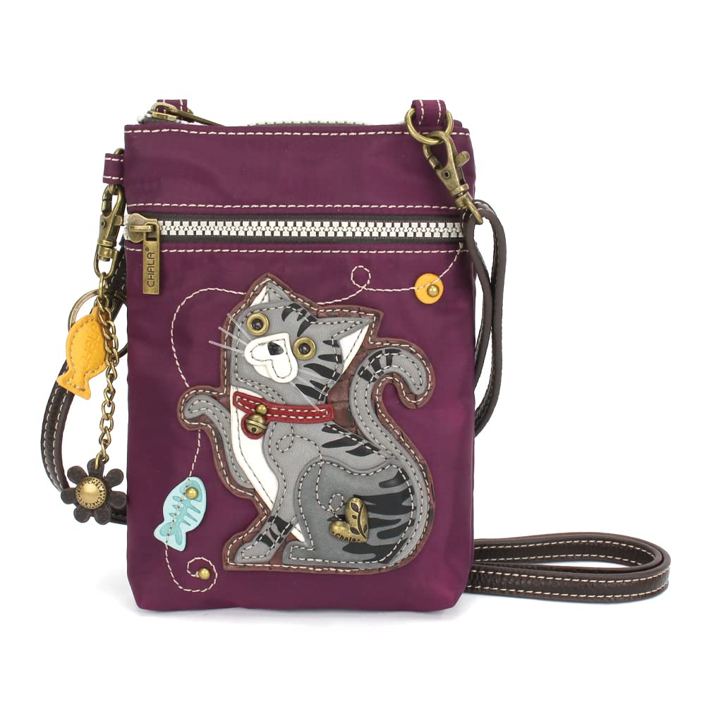 CHALA Crossbody RFID Cell Phone Purse - Women Nylon/Faux Leather Multicolor Handbag with Adjustable Strap Venture - Gray Tabby Cat - purple