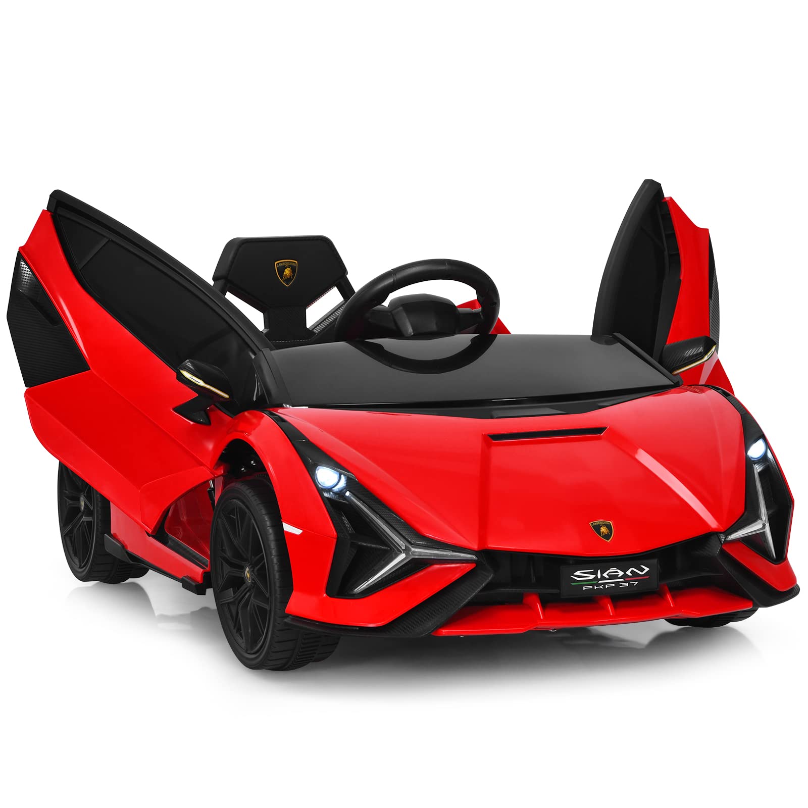 OLAKIDS Kids 12V Licensed Lamborghini SIAN Ride On Car, Electric Vehicle for Toddler with Control Remote, Battery Powered Toy with Music, Horn, 2 Speeds, Suspension, LED Lights, Bluetooth, USB (Red)