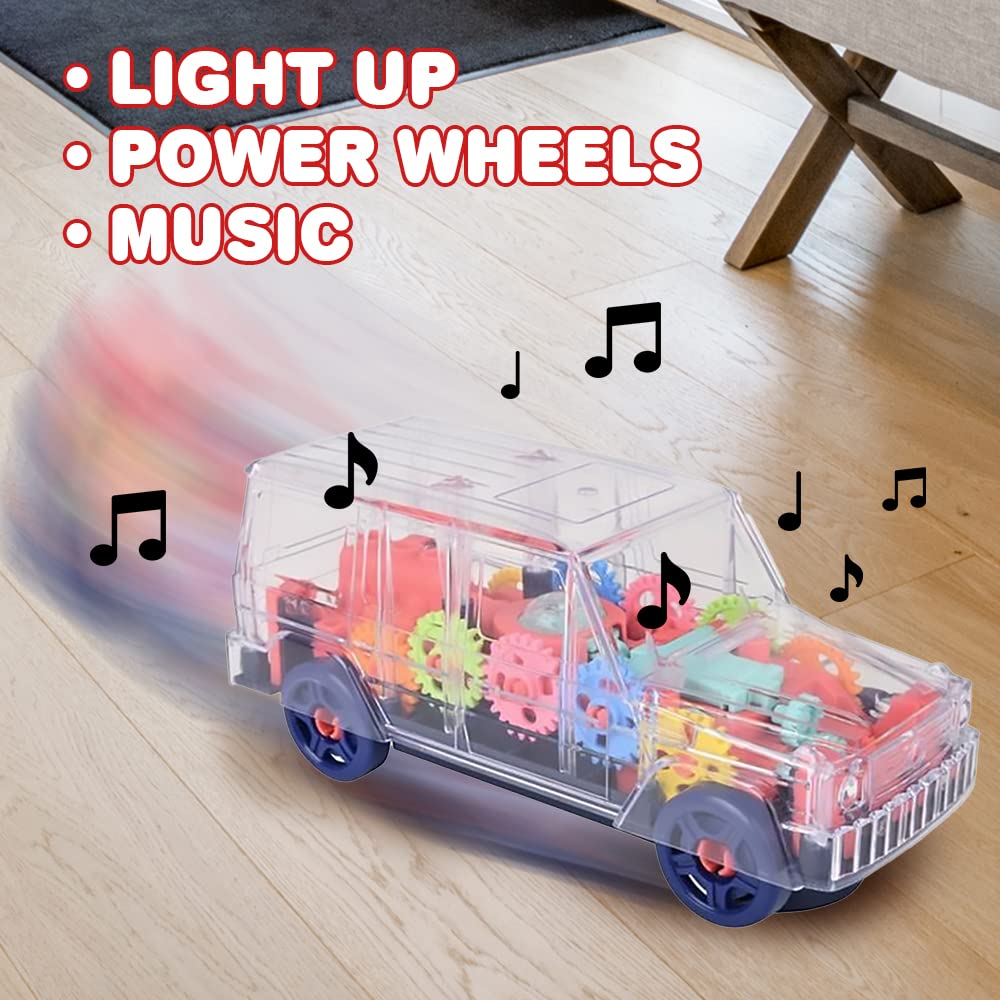 ArtCreativity Light Up Transparent SUV for Kids, 1PC, Bump and Go Toy Car with Colorful Moving Gears, Music, and LED Effects, Fun Educational Toy for Kids, Great Birthday Gift Idea