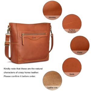 S-ZONE Women Genuine Leather Bucket Shoulder Bag Vintage Crossbody Purse with Outer Pocket