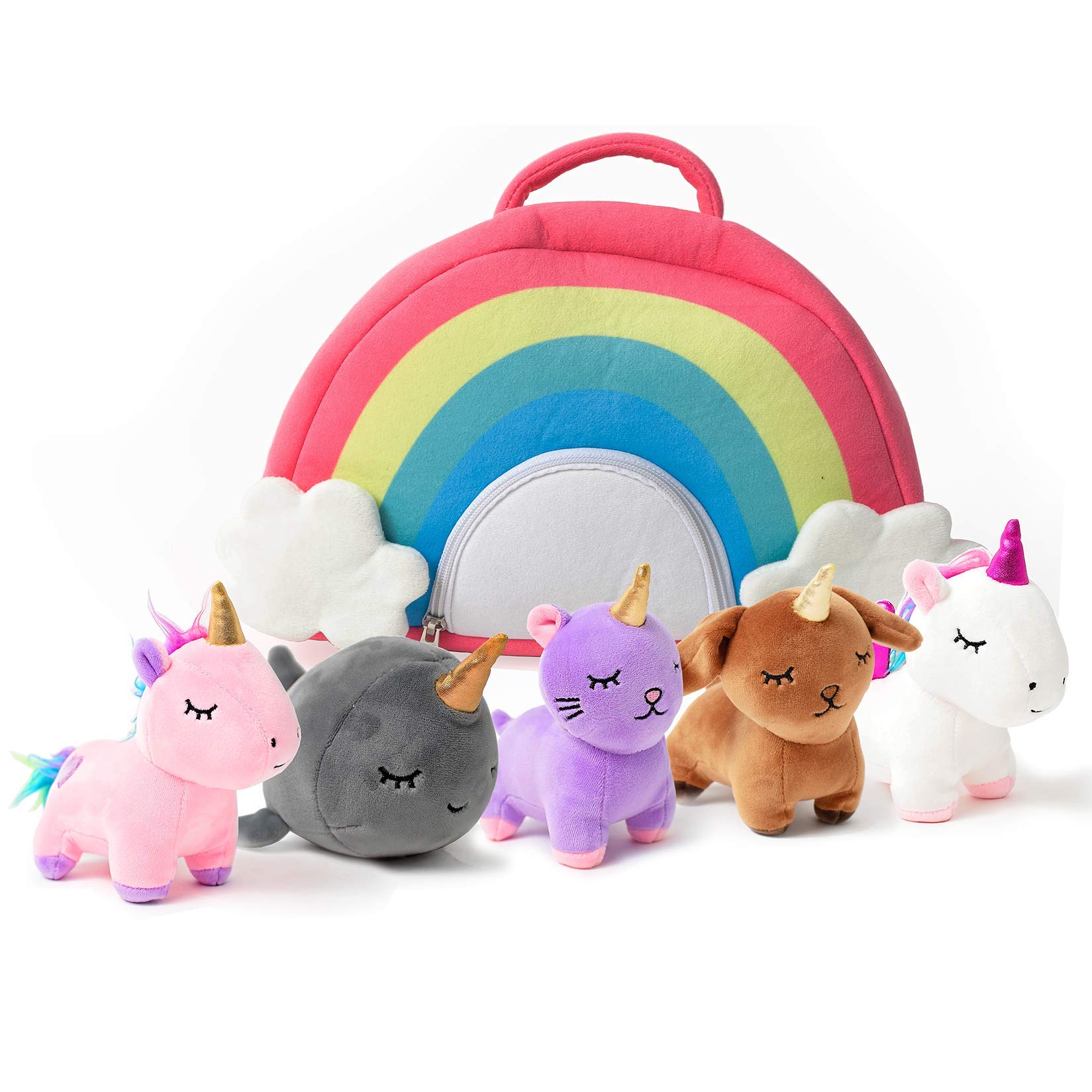 PixieCrush Unicorn Toys Stuffed Animal Gift Plush Set with Rainbow Case – 5 Piece Stuffed Animals with 2 Unicorns, Kitty, Puppy, and Narwhal – Toddler Gifts for Girls Aged 3, 4, 5,6,7, 8 yr olds