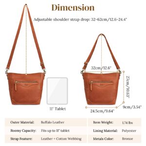 S-ZONE Women Genuine Leather Bucket Shoulder Bag Vintage Crossbody Purse with Outer Pocket