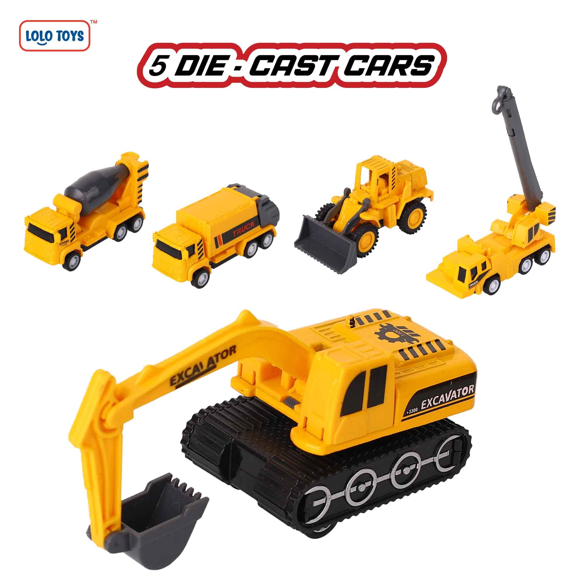 LOLO TOYS 20-Piece Construction Truck & Road Play Mat Set: Toy Construction Vehicles & Costume with Hat for Boys & Girls, Includes 5 Small Metal Diecast Construction Vehicle Toys & Search Game