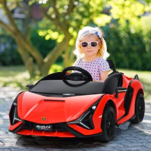 OLAKIDS Kids 12V Licensed Lamborghini SIAN Ride On Car, Electric Vehicle for Toddler with Control Remote, Battery Powered Toy with Music, Horn, 2 Speeds, Suspension, LED Lights, Bluetooth, USB (Red)