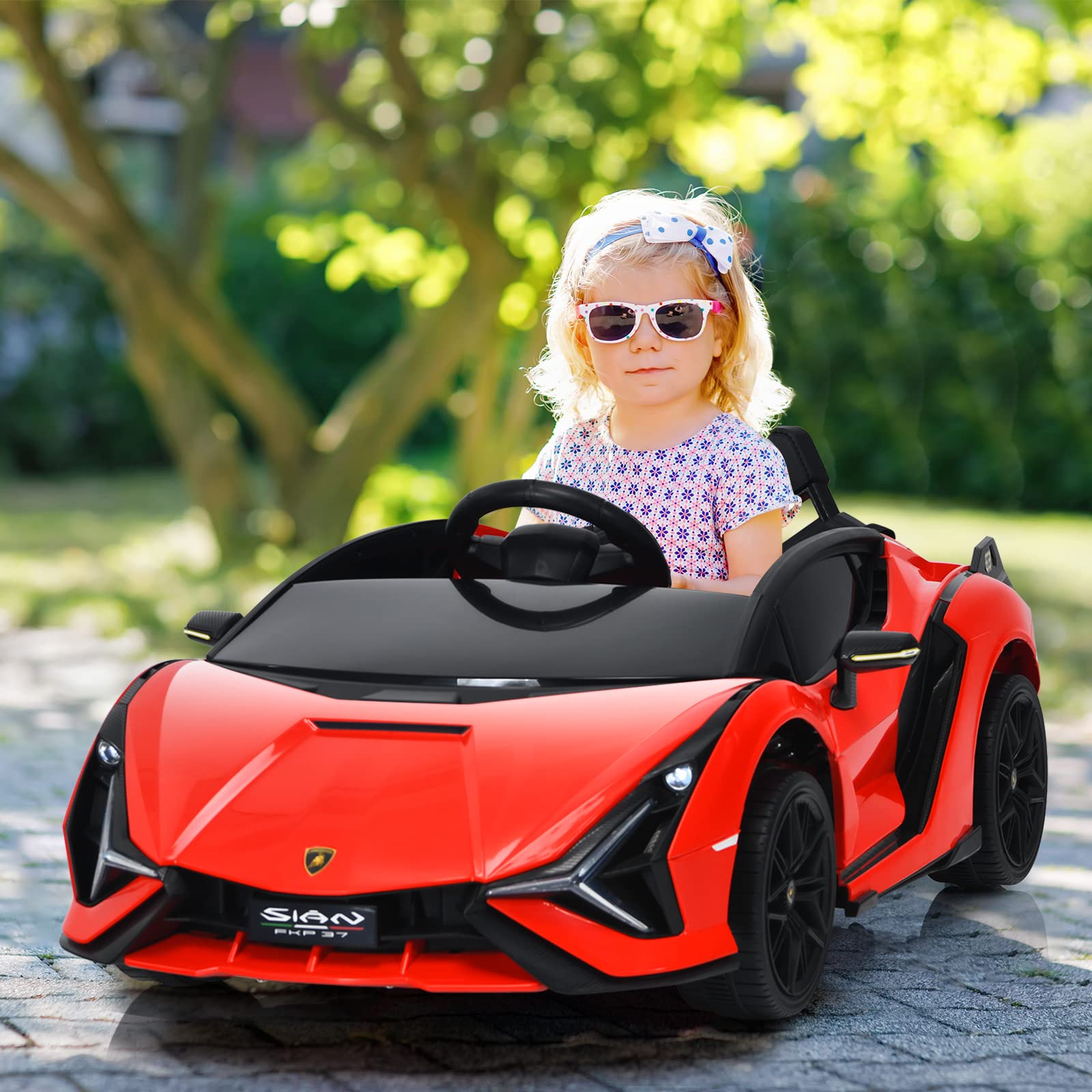 OLAKIDS Kids 12V Licensed Lamborghini SIAN Ride On Car, Electric Vehicle for Toddler with Control Remote, Battery Powered Toy with Music, Horn, 2 Speeds, Suspension, LED Lights, Bluetooth, USB (Red)