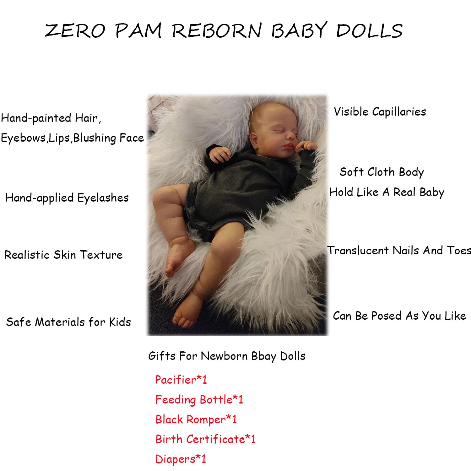 Zero Pam Sleeping Reborn Baby Doll Boy 20 Inch Lifelike Silicone Toddler Dolls Realistic Newborn Doll Eyes Closed Soft Body Visible Veins Handcrafted