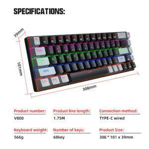 UINO V800 68 Key Mechanical Keyboard Gaming USB Wired LED Backlit Axis Gaming Mechanical Keyboard Optical Switches for Desktop