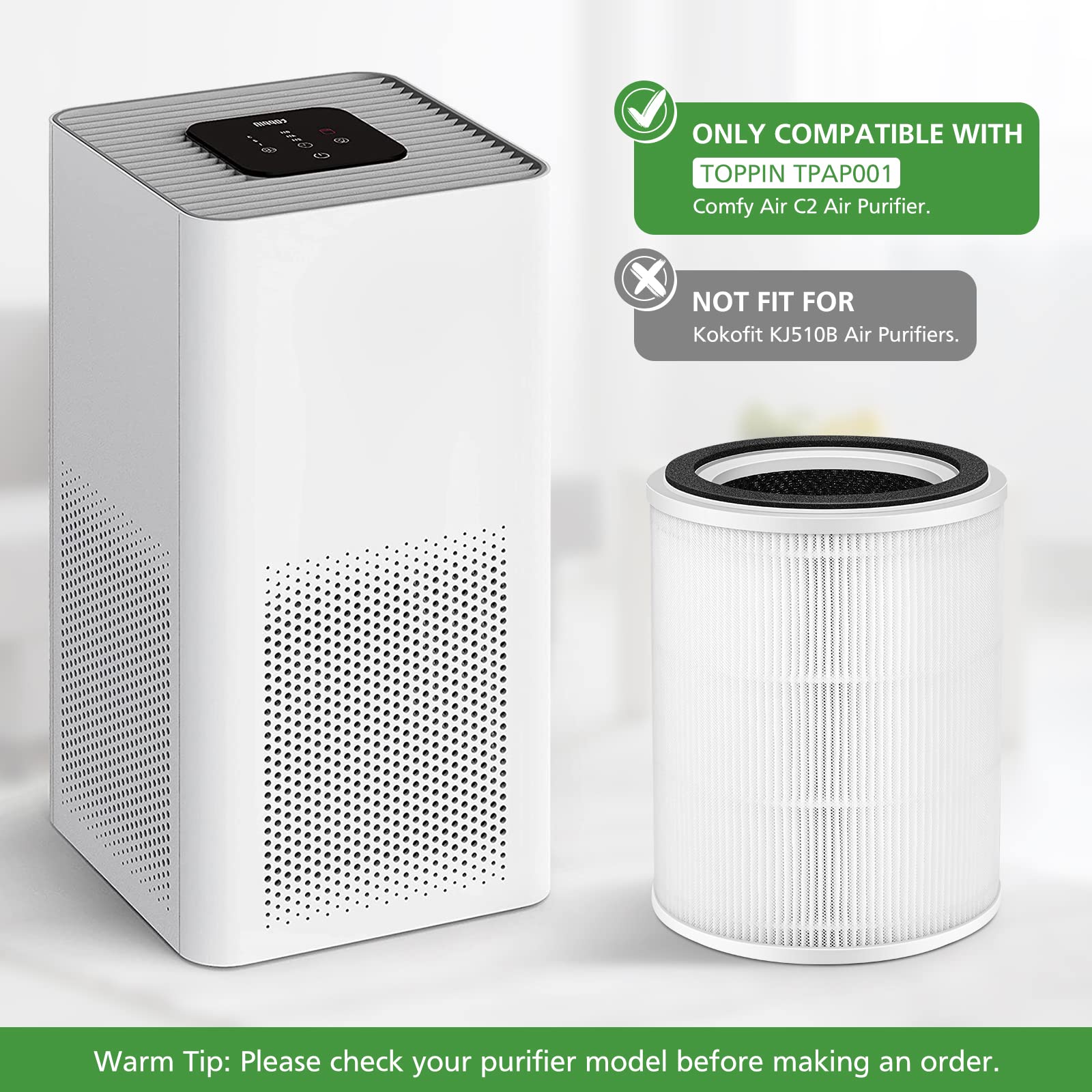 TPAP001 H13 True HEPA Air Filter, Only Compatible with TOPPIN TPAP001 Comfy Air C2 Air Purifier, H13 True HEPA Filter for TOPPIN TPAP001 Filter, TPFF001【Not Fit TPAP002 TPAP004 TPAP005 】