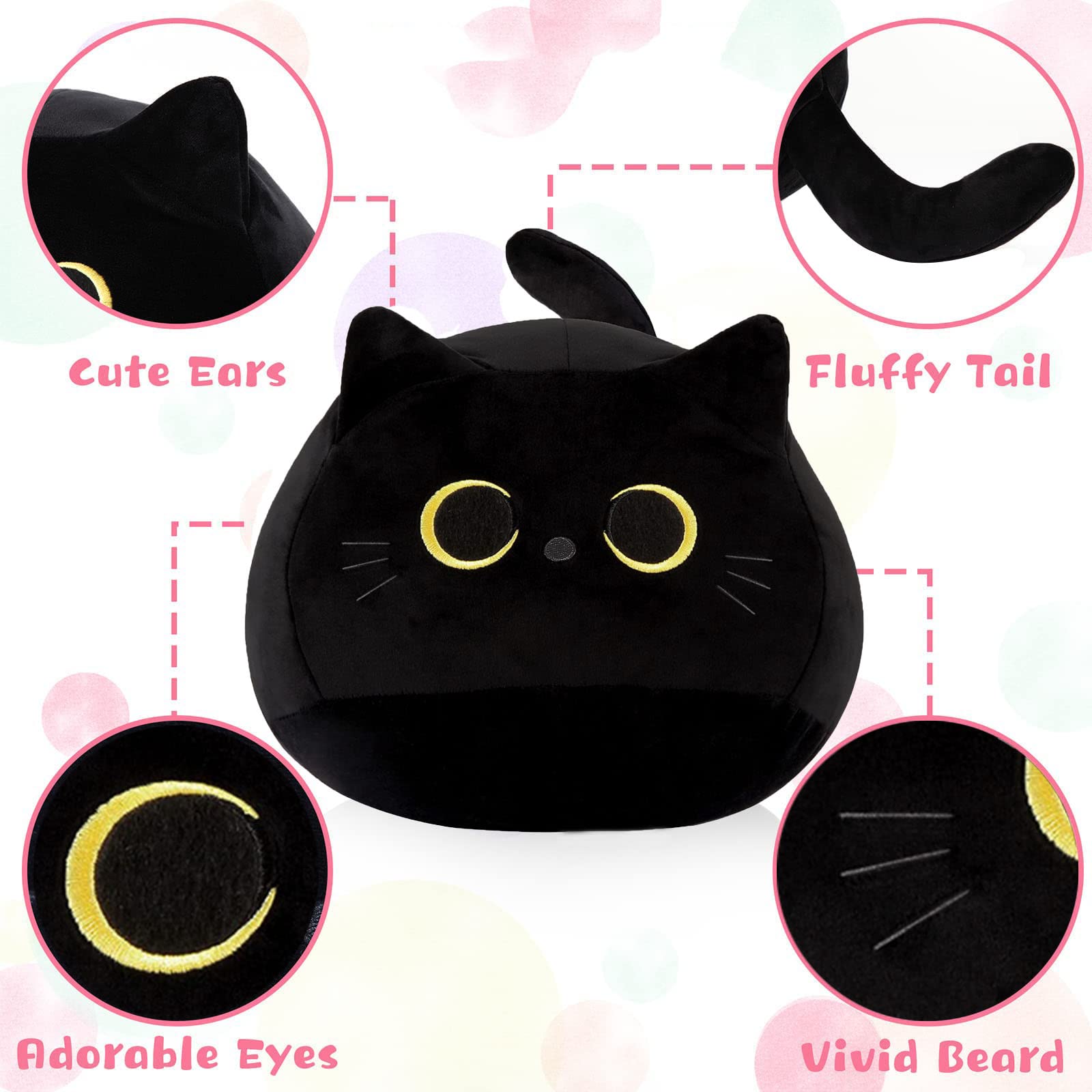 KWQBWQF Black Cat Plush Toy 16'' Black Cat Pillow, Soft Stuffed Cat Plush Doll, Plushie Cat Pillow Cat Stuffed Animals for Kids Birthday Girlfriend Valentines Gift