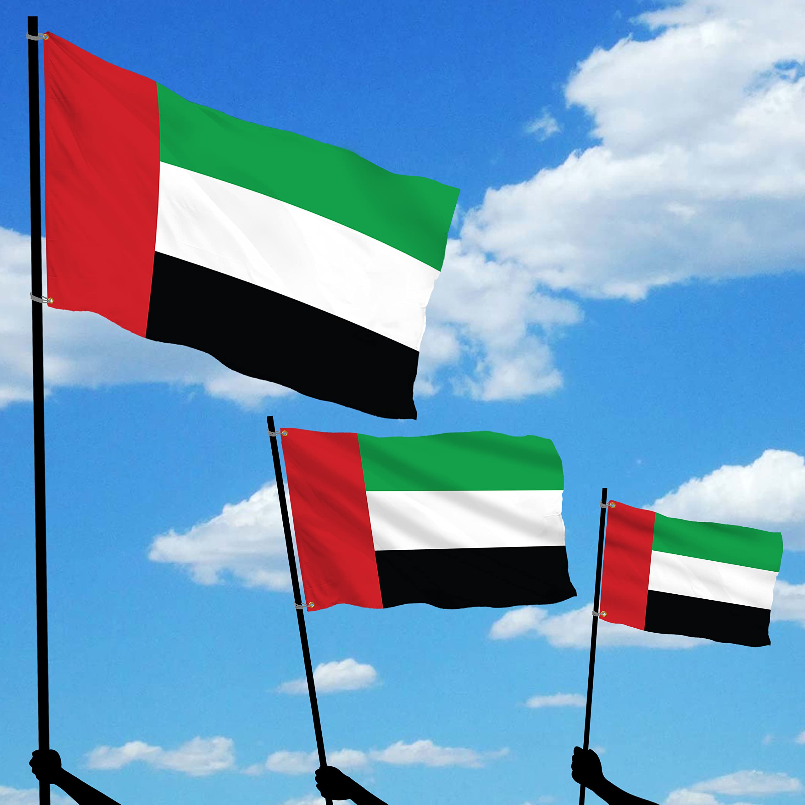 BannerBuzz UAE United Arab Emirates Flag Knitted Fabric 90 GSM - Lightweight, Bright & Vivid Colors, Brass Grommets Use for Indoor-Outdoor Purpose (9' W X 6' H)