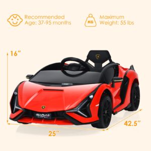 OLAKIDS Kids 12V Licensed Lamborghini SIAN Ride On Car, Electric Vehicle for Toddler with Control Remote, Battery Powered Toy with Music, Horn, 2 Speeds, Suspension, LED Lights, Bluetooth, USB (Red)