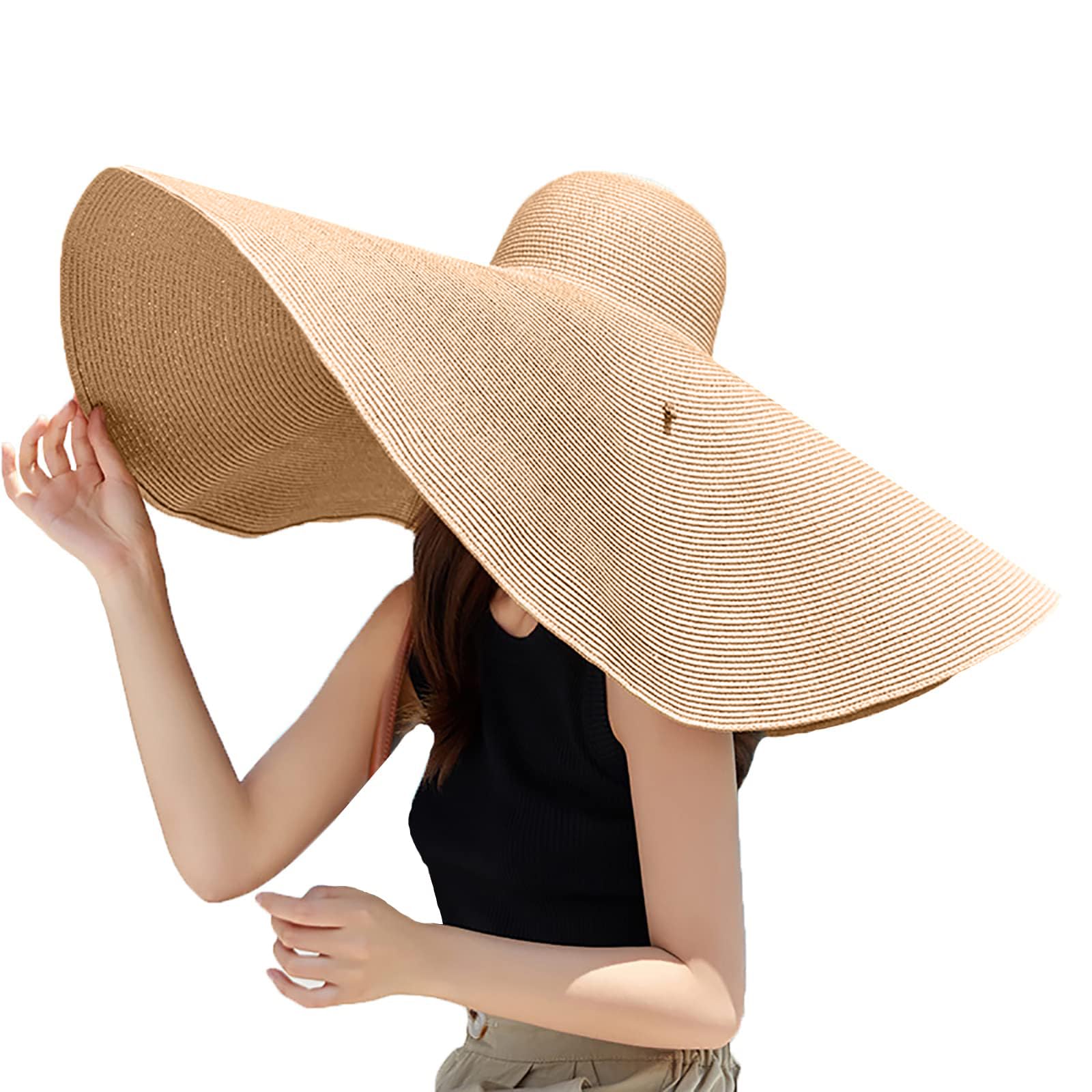 Oversized Beach Straw Hats for Women Extra Large Wide Brim Beach Hat Foldable Roll up Floppy Sun Hat Summer UV Protection (US, Alpha, Large, X-Large, Khaki)