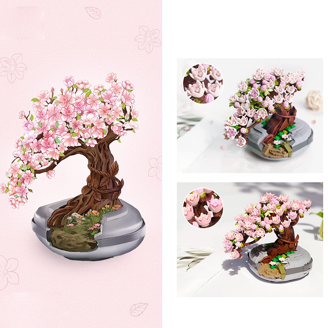 KonHaovF Cherry Bonsai Tree Set, Micro Mini Bricks Flower Model Building Block Set, 426PCS Artificial Cherry Blossom Flower Bouquet Building Kit for Kids Girls, Color Change Flower Toy Set(Pink)