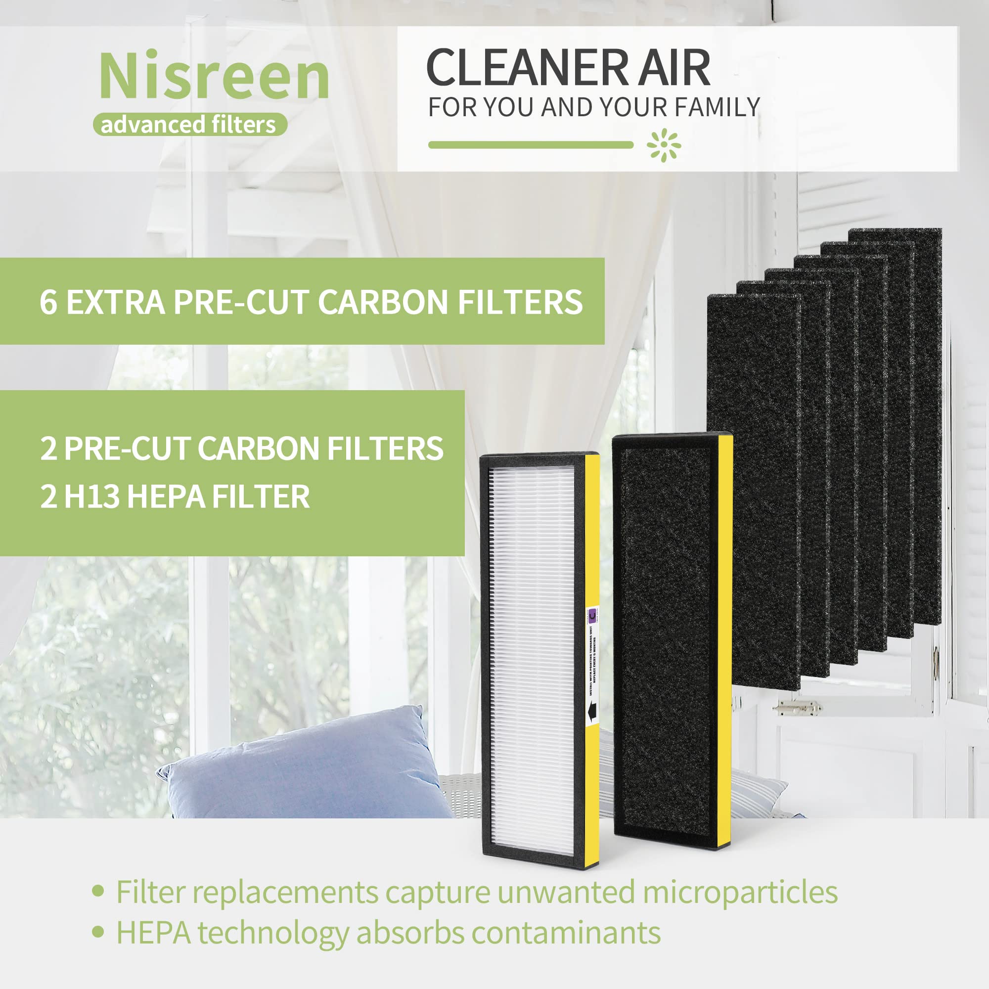 Nisreen Filter C FLT5000 Filter Compatible with Germ-Guardian True Hepa Filter Air Puri-fier AC5250PT AC5000E AC5300B AC5350W, 2 HEPA and 6 Pre-Filter