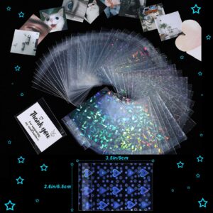 200 Pcs Laser Flashing Card Sleeves Photo Card Sleeves Kpop Holographic Photocard Sleeves Little Star Heart Glass Gemstone Transparent Trading Cards Sleeves 2.6 x 3.5 Inches