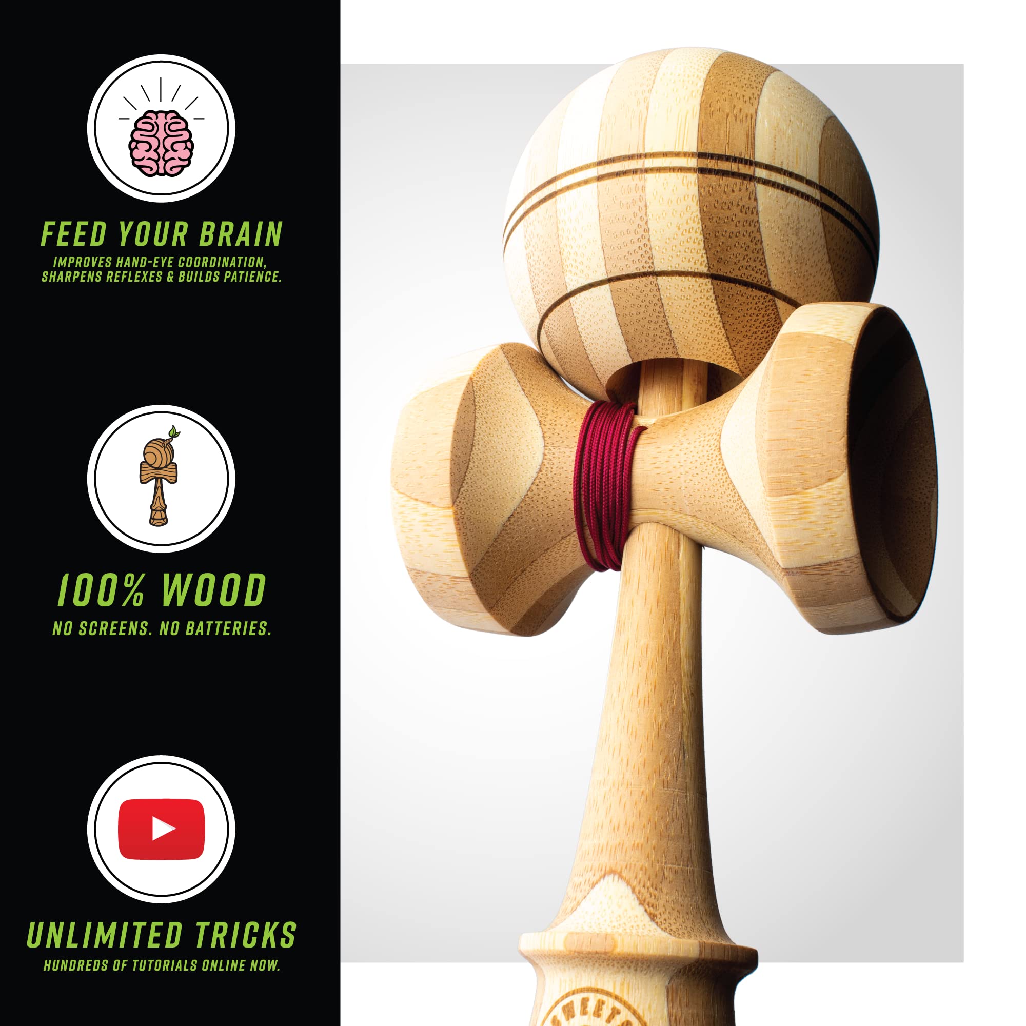 Sweets Kendamas Bamboo Boost Kendama - Natty Engraving, Improves Hand Eye Coordination, Reflex, Perfect for Beginners, Extra String Accessory Quick Start Bundle