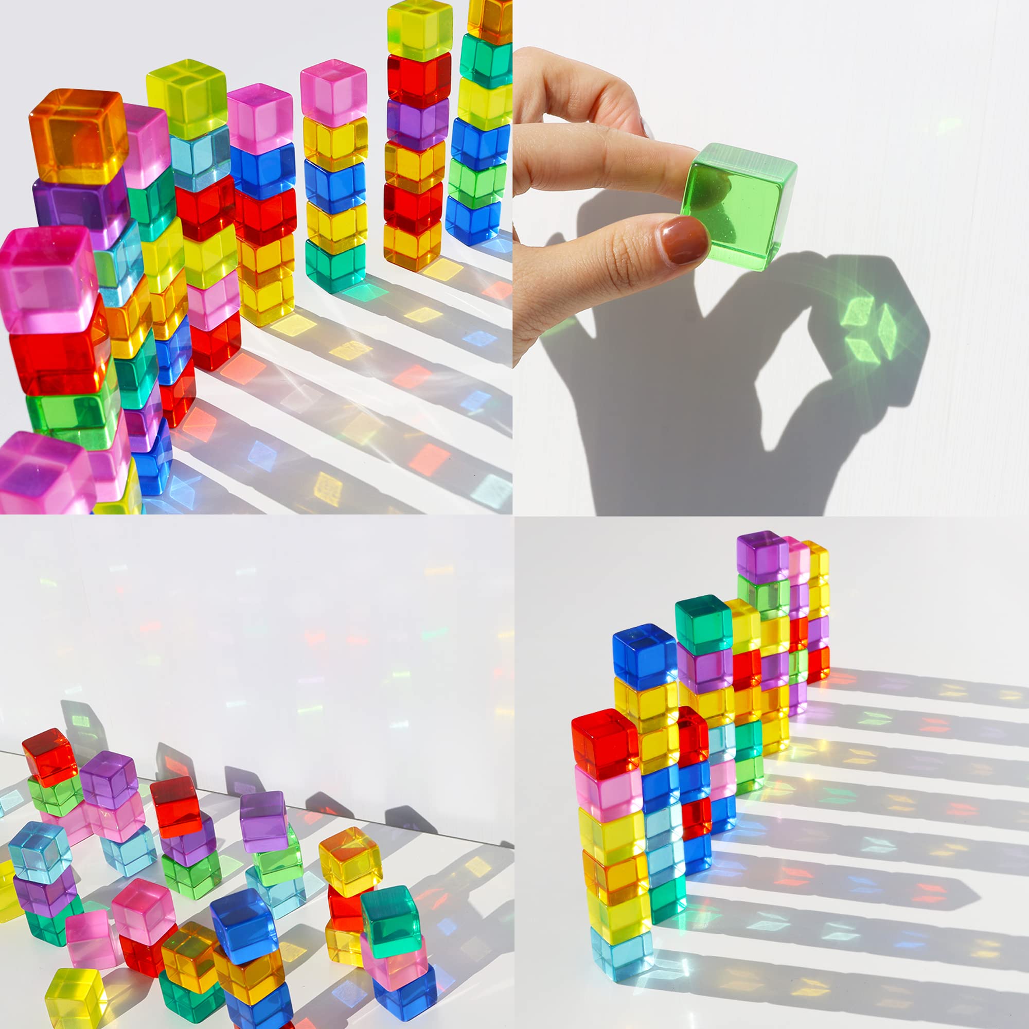 Candywood Rainbow Acrylic Gem Cubes Blocks Children Educational Sensory Training Crystal Toys Baby Learn Color Light Shadow Stacking Toys (10-Pcs)