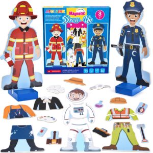 atoylink wooden magnetic dress up dolls pretend play set 40+ pcs occupations community helpers matching games fridge magnets for toddlers preschool learning toys boys birthday gifts