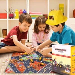 LOLO TOYS 20-Piece Construction Truck & Road Play Mat Set: Toy Construction Vehicles & Costume with Hat for Boys & Girls, Includes 5 Small Metal Diecast Construction Vehicle Toys & Search Game