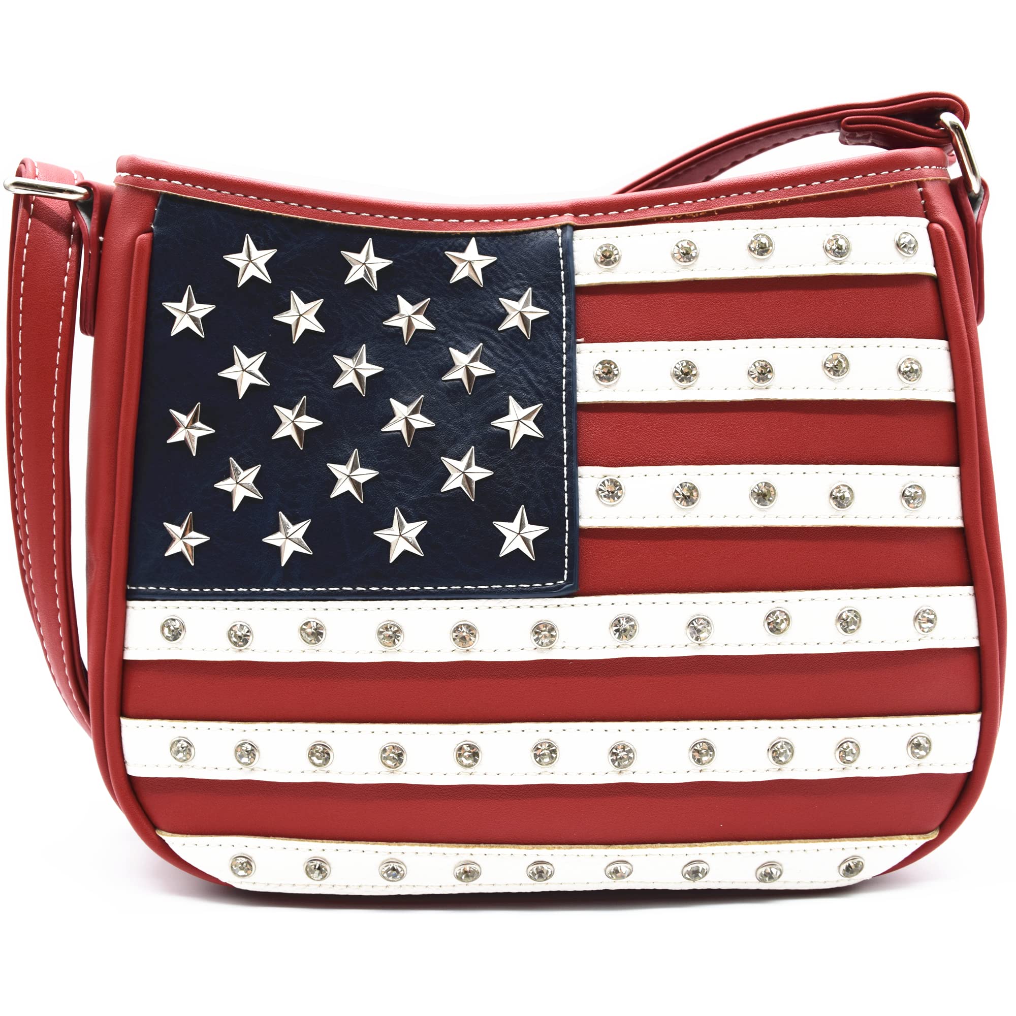 WESTERN ORIGIN American Flag Stars and Stripes Rhinestone Studs Crossbody Handbag USA Patriotic Women Purse Leather Single Shoulder Bag (#1 Red)