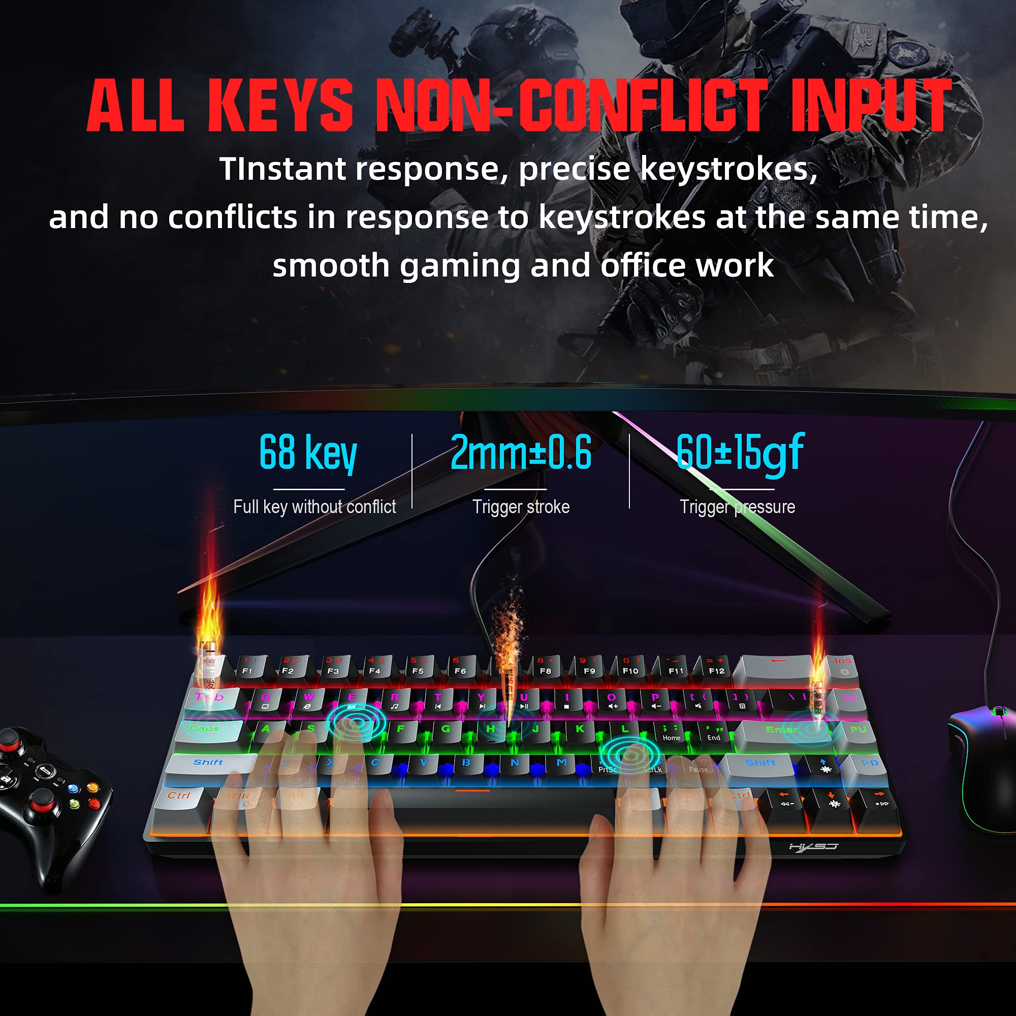 UINO V800 68 Key Mechanical Keyboard Gaming USB Wired LED Backlit Axis Gaming Mechanical Keyboard Optical Switches for Desktop