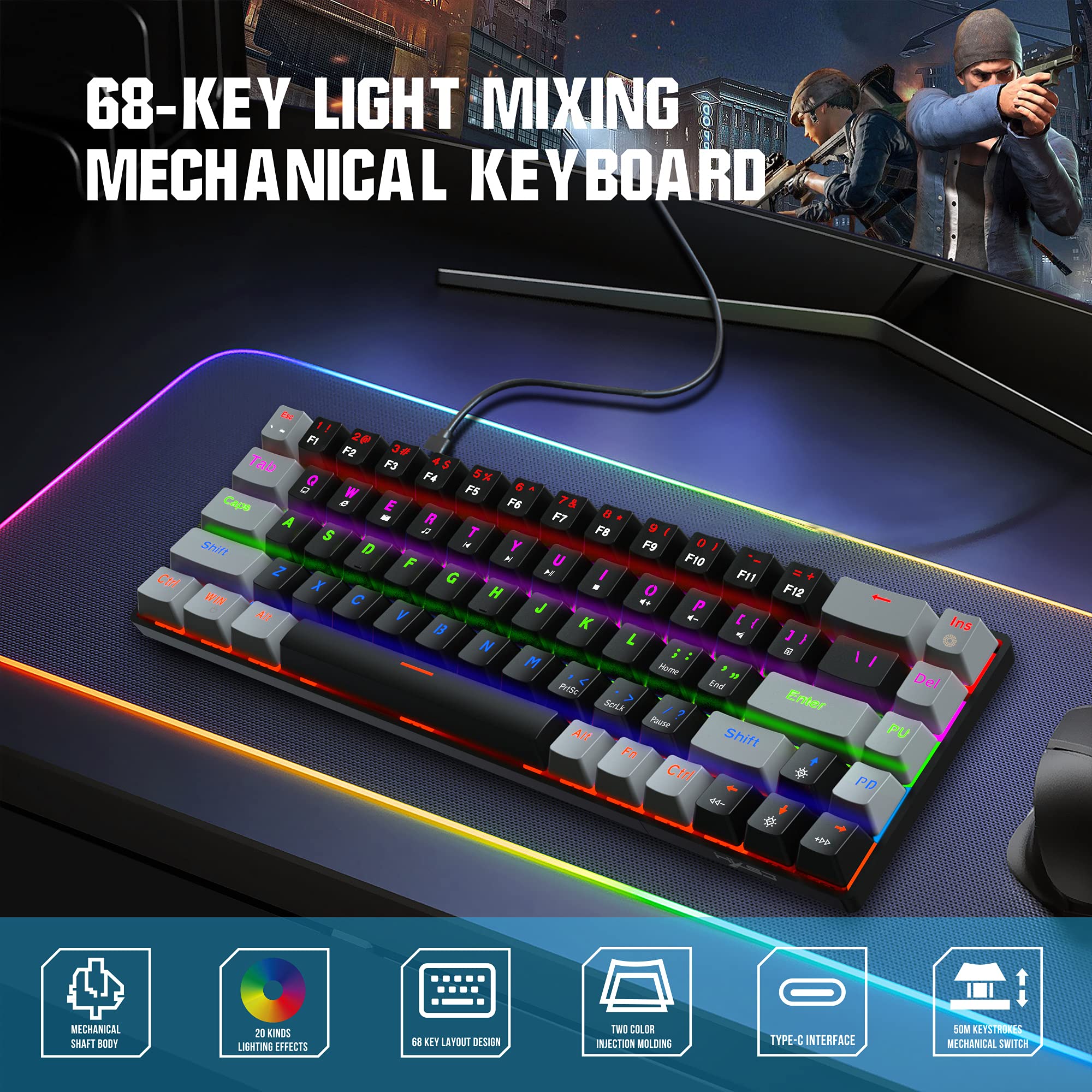 UINO V800 68 Key Mechanical Keyboard Gaming USB Wired LED Backlit Axis Gaming Mechanical Keyboard Optical Switches for Desktop