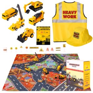 lolo toys 20-piece construction truck & road play mat set: toy construction vehicles & costume with hat for boys & girls, includes 5 small metal diecast construction vehicle toys & search game