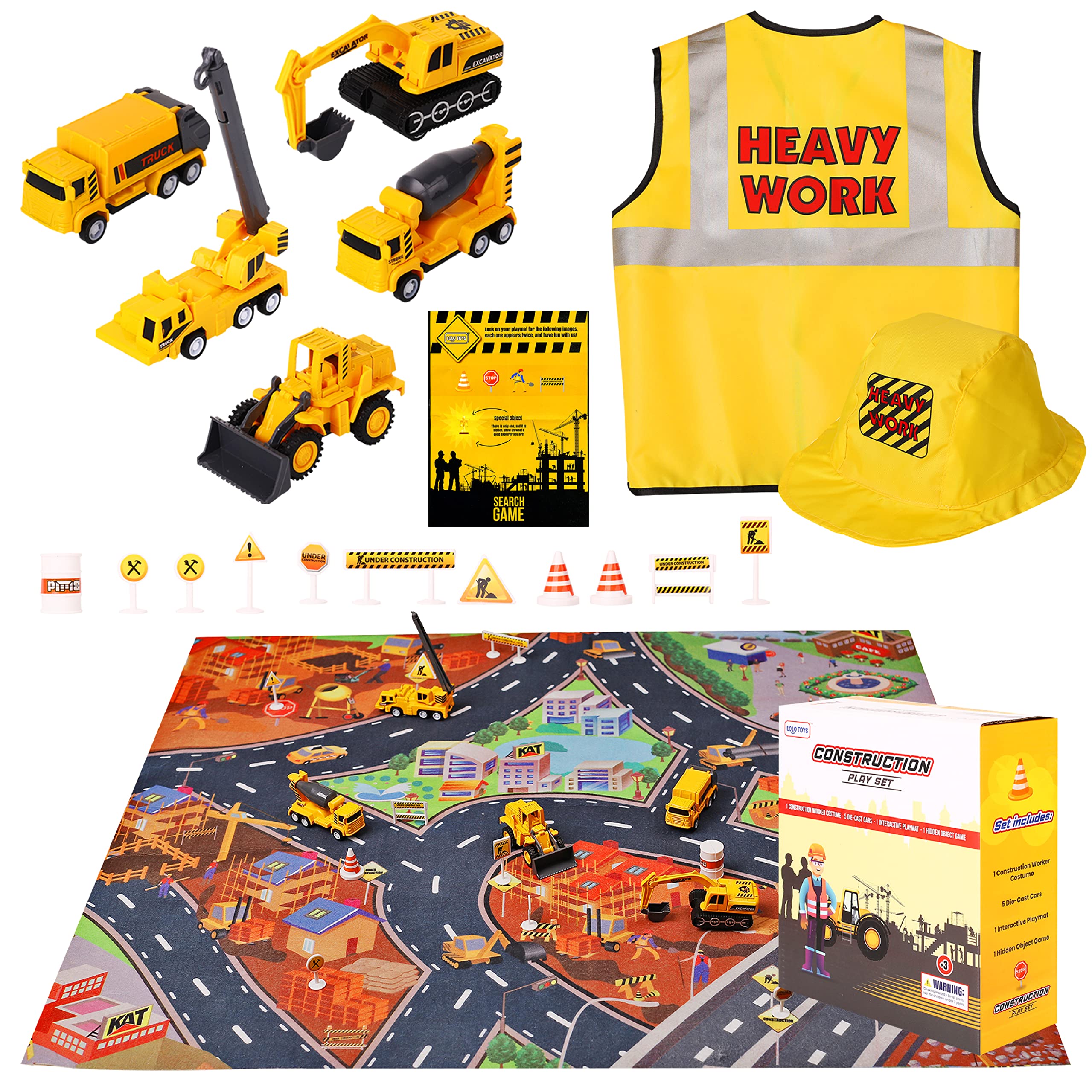 LOLO TOYS 20-Piece Construction Truck & Road Play Mat Set: Toy Construction Vehicles & Costume with Hat for Boys & Girls, Includes 5 Small Metal Diecast Construction Vehicle Toys & Search Game