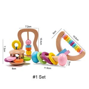 4pc Organic Colorful Baby Rattle Set Safe Food Grade Wood Rattle Soother Bracelet Teether Set Montessori Toddler Toy multicolored