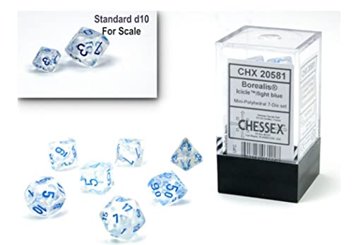 Chessex Dice Set – 10mm Borealis Light Blue Luminary Polyhedral Dice Set – Dungeons and Dragons D&D DND TTRPG Dice – Includes 7 Dice - D4 D6 D8 D10 D12 D20 D%, (CHX20581)