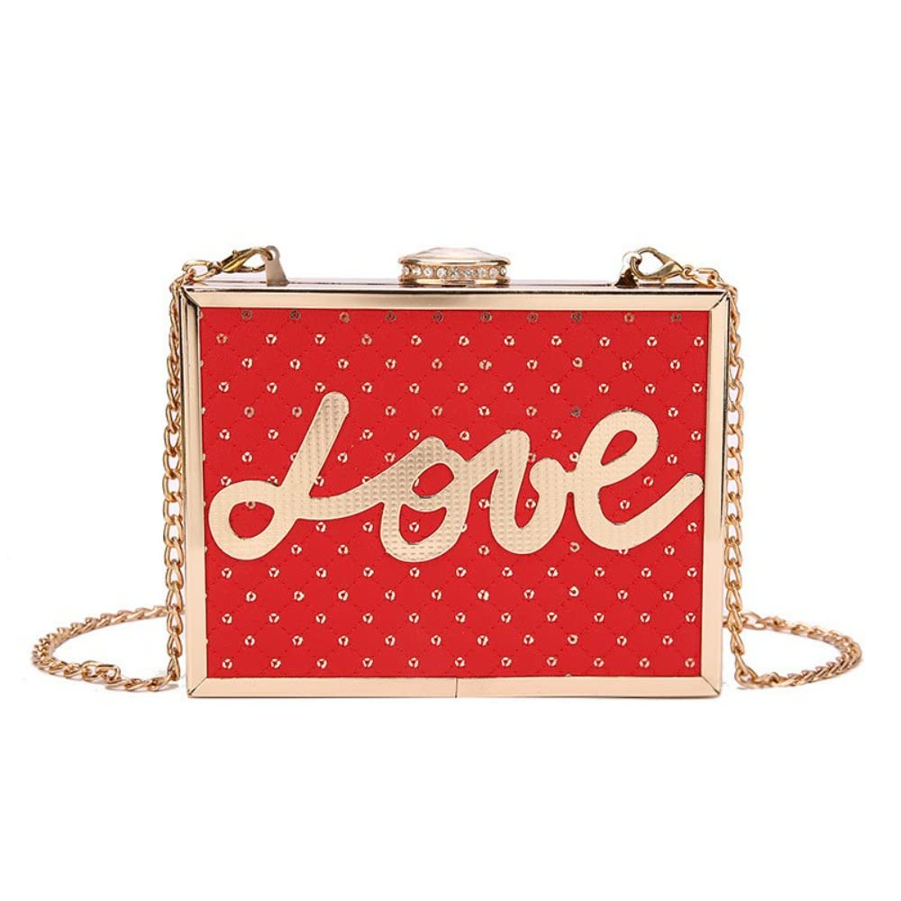 Sequin Evening Lock Chain Bag LOVE Letters Box Shaped Shoulder Bag (red)