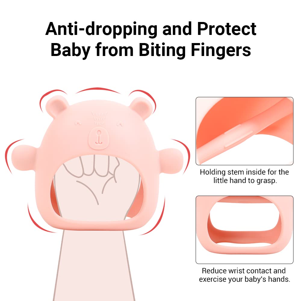 Baby Little Bear Silicone Teething Toys for 3-6 6-12 Months Infants,Anti-dropping Hand Wrist Teether Mitten,Sensory Chew Toy for Baby Sucking Biting Needs. (Pink)