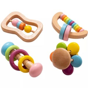 4pc organic colorful baby rattle set safe food grade wood rattle soother bracelet teether set montessori toddler toy multicolored