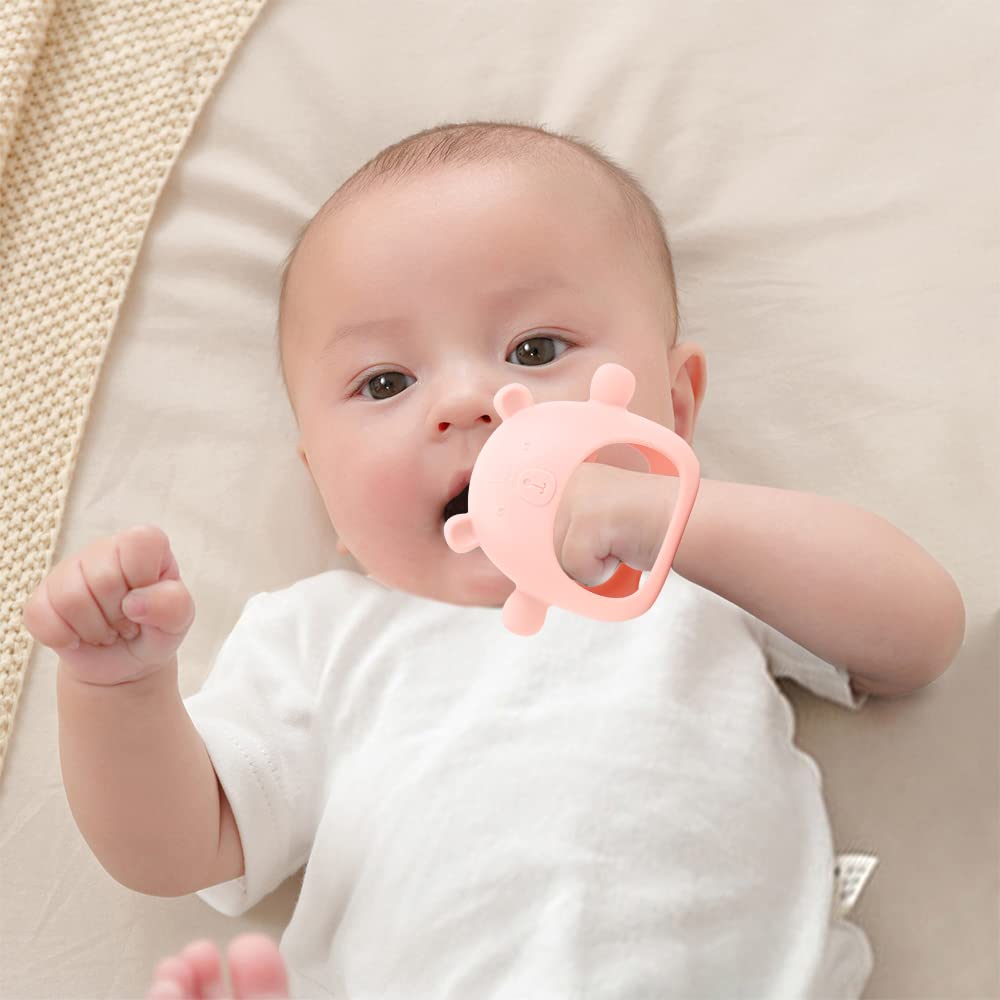 Baby Little Bear Silicone Teething Toys for 3-6 6-12 Months Infants,Anti-dropping Hand Wrist Teether Mitten,Sensory Chew Toy for Baby Sucking Biting Needs. (Pink)