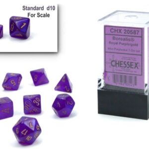 Chessex Dice Set – 10mm Borealis Purple/Gold Luminary Polyhedral Dice Set – Dungeons and Dragons D&D DND TTRPG Dice – Includes 7 Dice - D4 D6 D8 D10 D12 D20 D% (CHX20587)