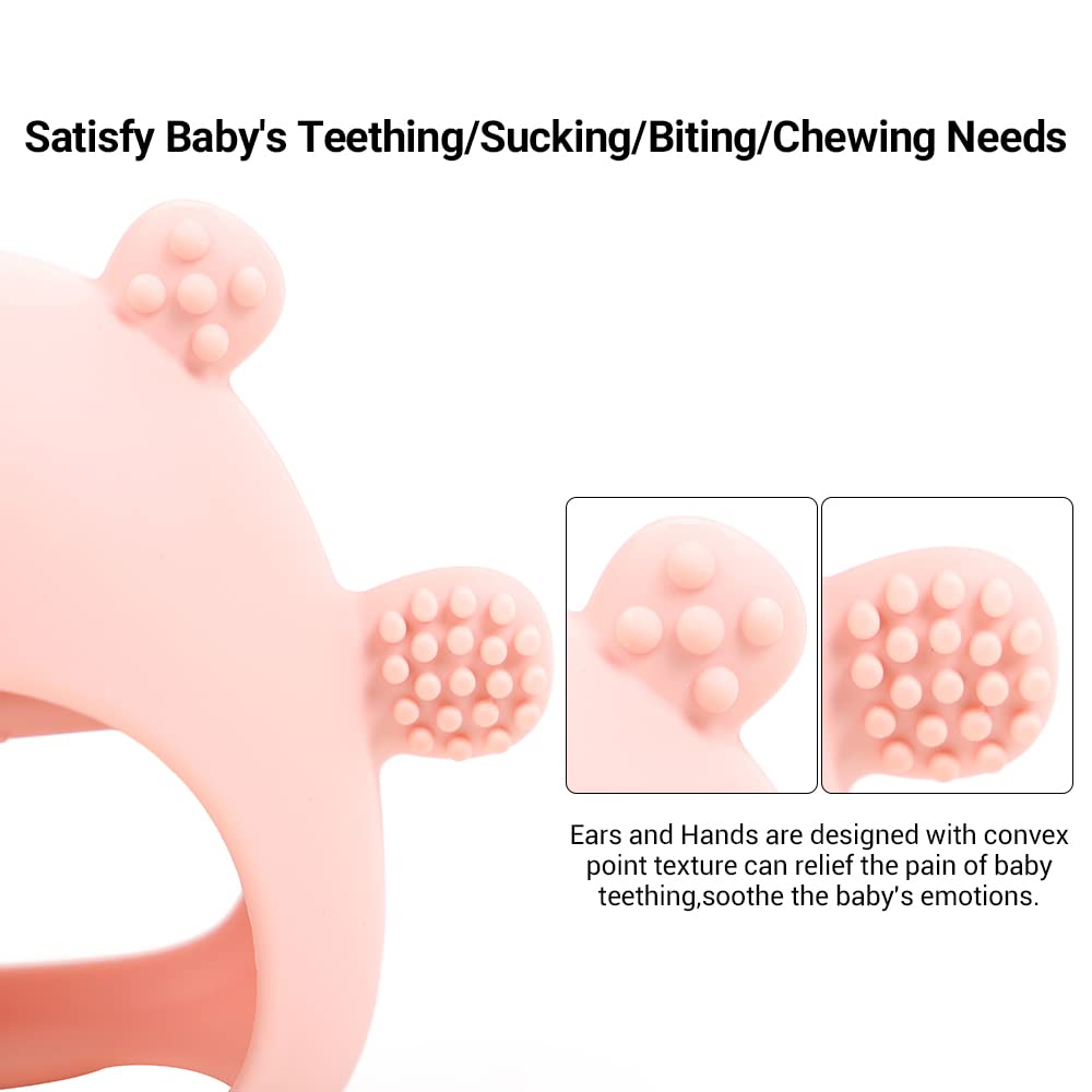 Baby Little Bear Silicone Teething Toys for 3-6 6-12 Months Infants,Anti-dropping Hand Wrist Teether Mitten,Sensory Chew Toy for Baby Sucking Biting Needs. (Pink)