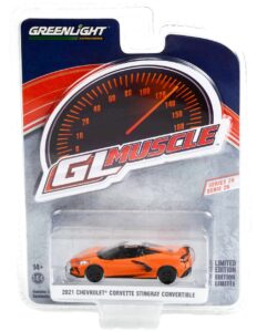 2021 chevy corvette stingray convertible sebring orange metallic greenlight muscle series 26 1/64 diecast model car by greenlight 13310 f