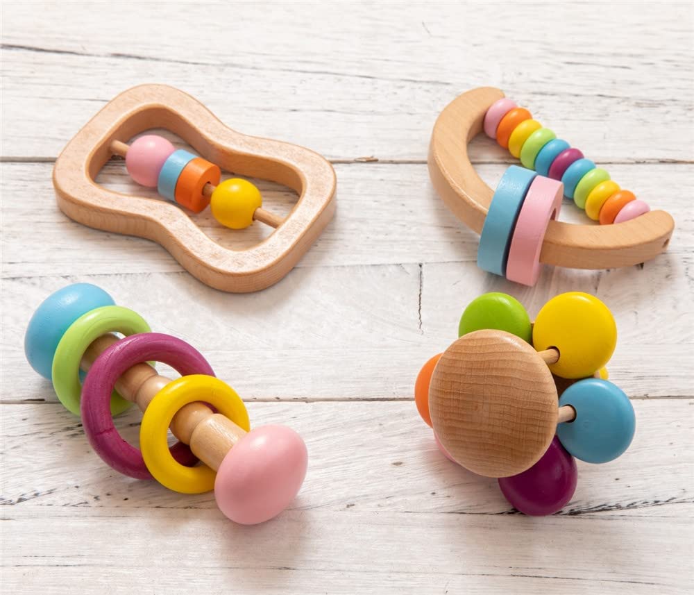 4pc Organic Colorful Baby Rattle Set Safe Food Grade Wood Rattle Soother Bracelet Teether Set Montessori Toddler Toy multicolored