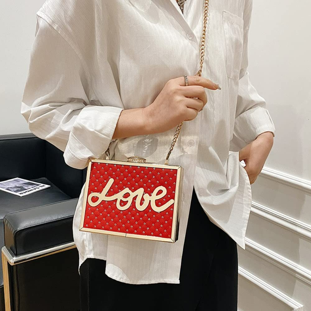 Sequin Evening Lock Chain Bag LOVE Letters Box Shaped Shoulder Bag (red)